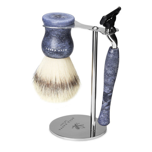 ACCA KAPPA SHAVING SET WITH STAINLESS STEEL STAND IN BLUE: SYNTHETIC SHAVING BRUSH + "MACH 3" RAZOR