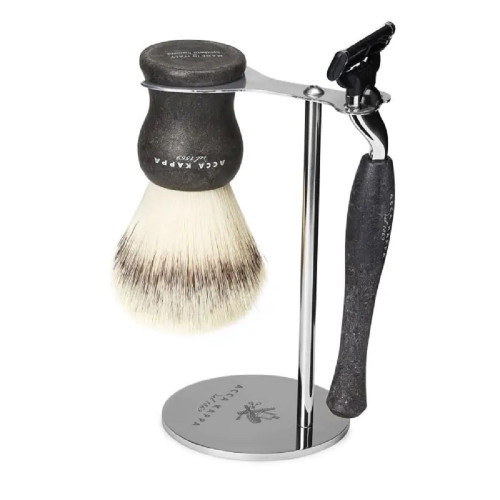 ACCA KAPPA SHAVING SET WITH STAINLESS STEEL STAND IN BLACK: SYNTHETIC SHAVING BRUSH + "MACH 3" RAZOR