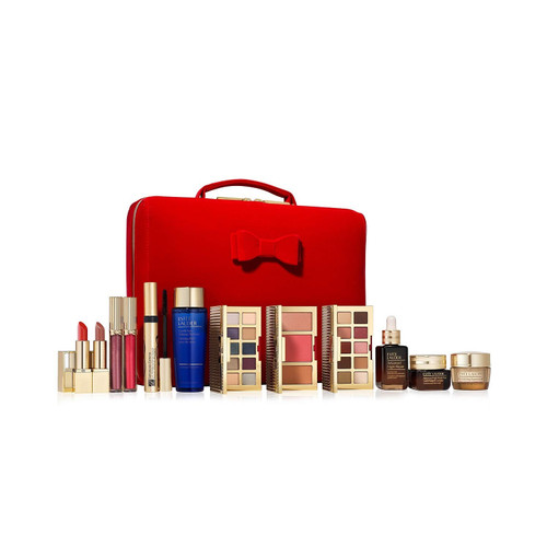 ESTEE LAUDER 13 PCS MAKEUP SET: REVITALIZING SUPREME CREME + EYESHADOW PALETTE NUDES + EYESHADOW PALLET GLAM + CHEEK PALETTE GLOW + 2 X SCULPTING LIPSTICK + 2 X KISSABLE LIP SHINE + MASCARA + EYE MAKEUP REMOVER + EYE COMPLEX + RECOVERY COMPLEX + CASE