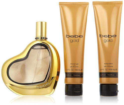 BEBE GOLD 4 PCS SET: 3.4 EDP SP + 3.4 BODY LOTION + 3.4 SHOWER GEL + HEART CHARM
