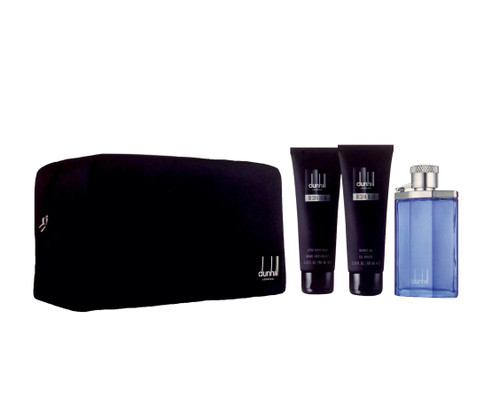 DUNHILL DESIRE BLUE 4 PCS SET: 3.4 EDT SP + 3 OZ SHOWER GEL + 3 OZ AFTER SHAVE BALM + BAG