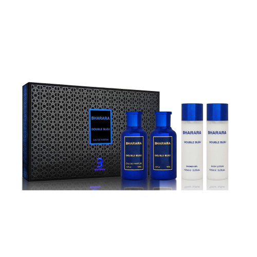 BHARARA DOUBLE BLEU 4 PCS SET FOR MEN: 3.4 EAU DE PARFUM + 5 OZ BODY LOTION + 3.4 AFTER SHAVE + 5 OZ SHOWER GEL BHARARA DOUBLE BLEU 4 PCS SET FOR MEN: 3.4 EAU DE PARFUM + 5 OZ BODY LOTION + 3.4 AFTER SHAVE + 5 OZ SHOWER GEL