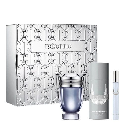 PACO RABANNE INVICTUS 3 PCS SET FOR MEN: 3.4 EAU DE TOILETTE SPRAY + 5.1 DEODORANT SPRAY + 0.34 EAU DE TOILETTE SPRAY