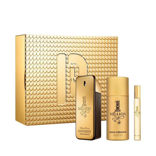 PACO RABANNE ONE MILLION 3 PCS SET FOR MEN: 3.4 EAU DE TOILETTE SPRAY + 5.1 DEODORANT SPRAY + 0.34 EAU DE TOILETTE SPRAY PACO RABANNE ONE MILLION 3 PCS SET FOR MEN: 3.4 EAU DE TOILETTE SPRAY + 5.1 DEODORANT SPRAY + 0.34 EAU DE TOILETTE SPRAY