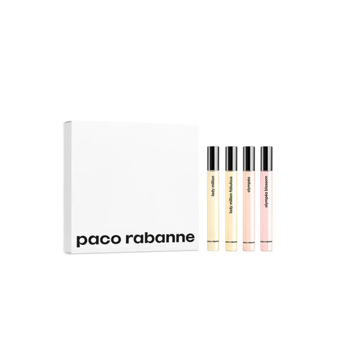 PACO RABANNE 4 PCS EAU DE PARFUM TRAVEL SPRAY SET FOR WOMEN: LADY MILLION 0.34 + OLYMPEA 0.34 + LADY MILLION FABULOUS 0.34 + OLYMPEA BLOSSOM 0.34 PACO RABANNE 4 PCS EAU DE PARFUM TRAVEL SPRAY SET FOR WOMEN: LADY MILLION 0.34 + OLYMPEA 0.34 + LADY MILLION FABULOUS 0.34 + OLYMPEA BLOSSOM 0.34