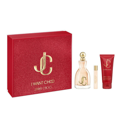 JIMMY CHOO I WANT CHOO 3 PCS SET FOR WOMEN: 3.3 EAU DE PARFUM SPRAY + 0.25 EAU DE PARFUM SPRAY + 3.3 BODY LOTION..