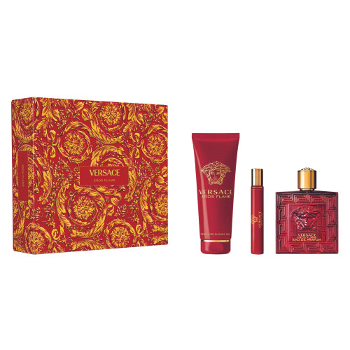 VERSACE EROS FLAME 3 PCS SET FOR MEN: 3.4 EAU DE PARFUM SPRAY + 5 OZ SHOWER GEL + 0.33 EAU DE TOILETTE SPRAY