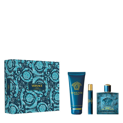 VERSACE EROS 3 PCS SET FOR MEN: 3.4 EAU DE TOILETTE SPRAY + 5 OZ SHOWER GEL + 0.33 EAU DE TOILETTE SPRAY
