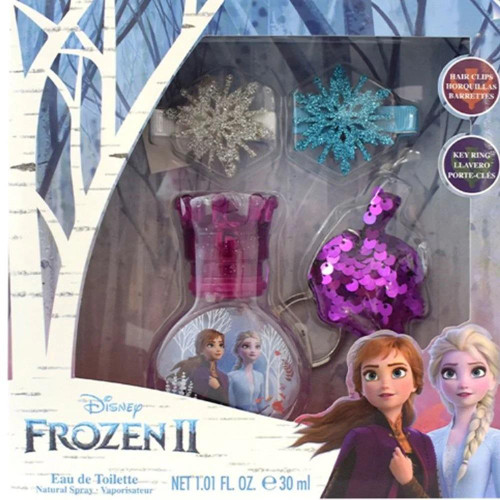 DISNEY FROZEN 2 4 PCS SET: 1.01 EAU DE TOILETTE SPRAY + 2 X HAIR CLIPS + KEYCHAIN