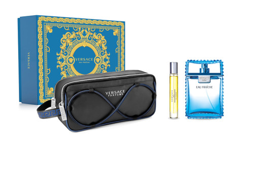 VERSACE EAU FRAICHE 3 PCS SET FOR MEN: 3.3 EAU DE TOILETTE SPRAY + 0.33 EAU DE TOILETTE SPRAY + POUCH