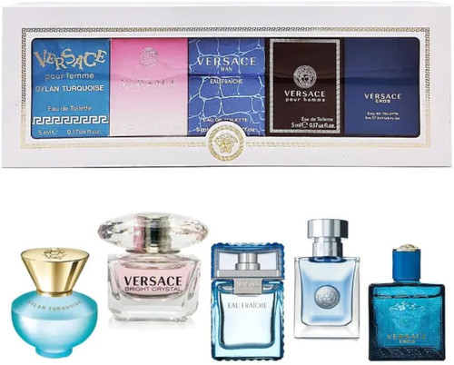 VERSACE 5 PCS MINI SET: DYLAN PURPLE 5 ML EAU DE PARFUM + BRIGHT CRYSTAL 5 ML EAU DE TOILETTE + EAU FRAICHE 5 ML EAU DE TOILETTE + POUR HOMME 5 ML EAU DE TOILETTE + EROS 5 ML EAU DE TOILETTE