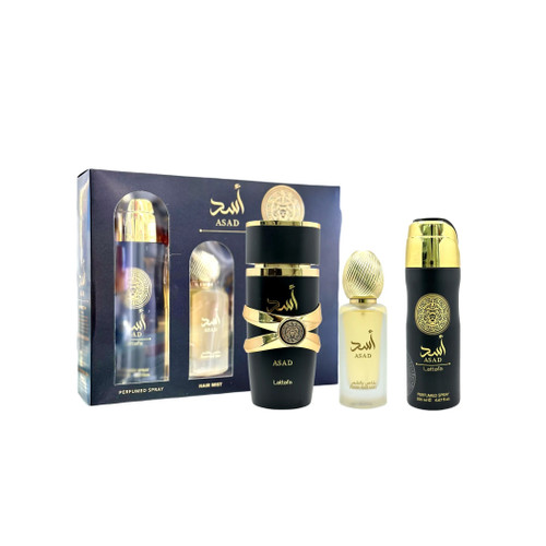 LATTAFA ASAD 3 PCS SET FOR MEN: 3.4 EAU DE PARFUM SPRAY + 1.7 HAIR MIST + 6.7 PERFUMED BODY SPRAY