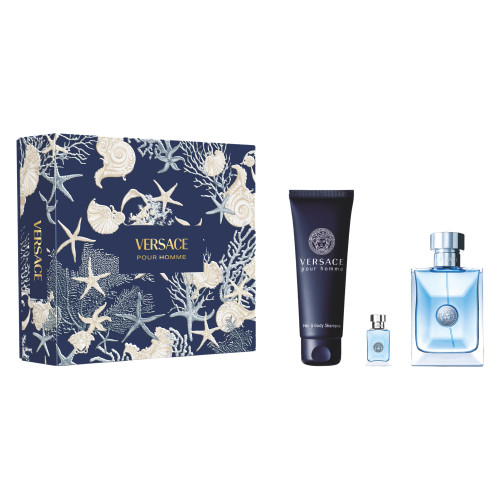 VERSACE POUR HOMME 3 PCS SET: 3.4 EAU DE TOILETTE SPRAY + 5 OZ SHOWER GEL + 5 ML EAU DE TOILETTE MINI