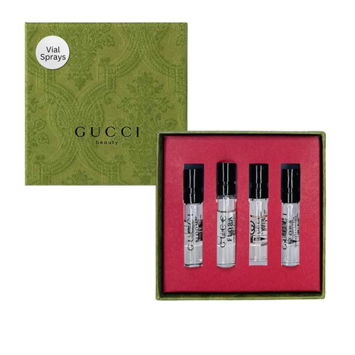 GUCCI 4 X 1.5 EAU DE PARFUM VIAL SPRAY SET FOR WOMEN: BLOOM + GORGEOUS GARDENIA + GUILTY + GORGEOUS JASMINE.