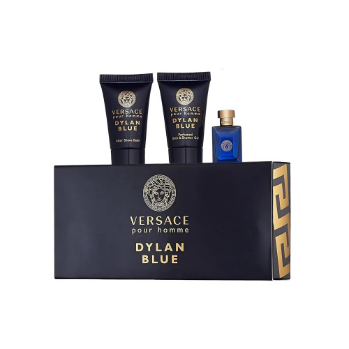 VERSACE DYLAN BLUE 3 PCS SET FOR MEN: 5 ML EAU DE TOILETTE MINI + 0.8 SHOWER GEL + 0.8 AFTER SHAVE BALM