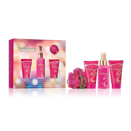 BRITNEY SPEARS FANTASY 4 PCS SET FOR WOMEN: 3.4 HAIR MIST + 1.7 BODY SOUFFLE + 1.7 BODY WASH + LOOFAH.