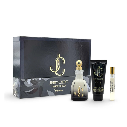 JIMMY CHOO I WANT CHOO FOREVER 3 PCS SET FOR WOMEN: 3.3 EAU DE PARFUM SPRAY + 0.25 EAU DE PARFUM SPRAY + 3.3 BODY LOTION.
