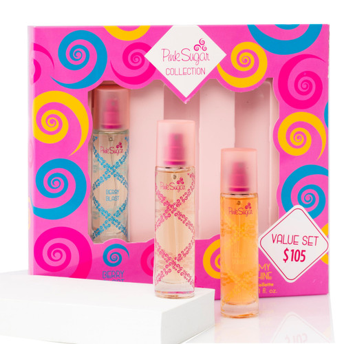 PINK SUGAR 3 PCS SET FOR WOMEN: PINK SUGAR 1 OZ EAU DE TOILETTE SPRAY + PINK SUGAR CREAMY SUNSHINE 1 OZ EAU DE TOILETTE SPRAY + PINK SUGAR BERRY BLAST 1 OZ EAU DE TOILETTE SPRAY