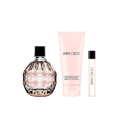 JIMMY CHOO 3 PCS SET FOR WOMEN: 3.3 EAU DE PARFUM SPRAY + 0.25 EAU DE PARFUM SPRAY + 3.3 BODY LOTION....