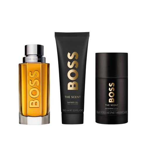 HUGO BOSS THE SCENT 3 PCS SET FOR MEN: 3.3 EAU DE TOILETTE SPRAY + 3.3 SHOWER GEL + 2.4 DEODORANT STICK