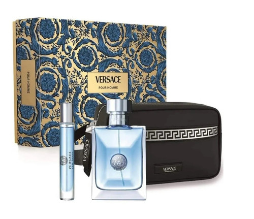 VERSACE POUR HOMME 3 PCS SET: 3.4 EAU DE TOILETTE SPRAY + 0.33 EAU DE TOILETTE SPRAY + POUCH.