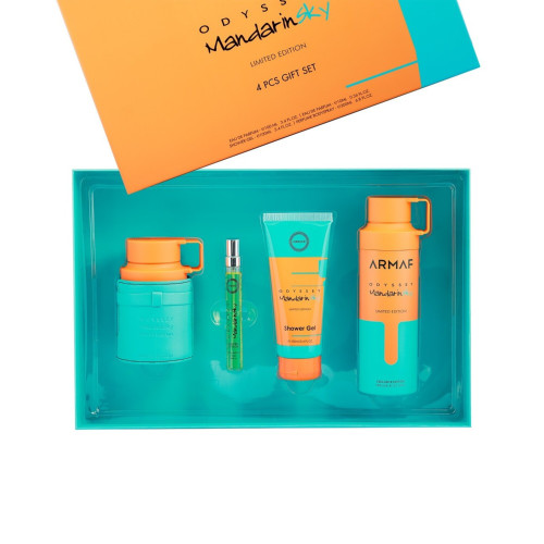 ARMAF ODYSSEY MANDARIN SKY 4 PCS SET FOR MEN: 3.4 EAU DE PARFUM SPRAY + 0.34 EAU DE PARFUM SPRAY + 3.4 SHOWER GEL + 6.8 BODY SPRAY