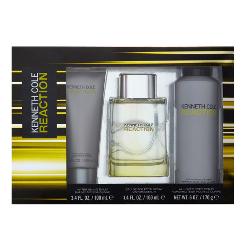KENNETH COLE REACTION 3 PCS SET FOR MEN: 3.4 EAU DE TOILETTE SPRAY + 3.4 AFTER SHAVE BALM + 6 OZ ALL OVER BODY SPRAY.