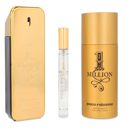 PACO RABANNE 1 MILLION 3 PCS SET FOR MEN: 1.6 EAU DE TOILETTE SPRAY + 5 OZ DEODORANT SPRAY + 0.33 EAU DE TOILETTE TRAVEL SPRAY