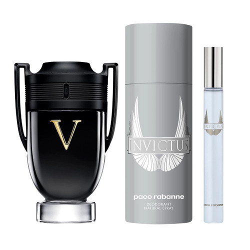 PACO RABANNE INVICTUS VICTORY 3 PCS SET FOR MEN: 3.4 EAU DE TOILETTE SPRAY + 5 OZ DEODORANT SPRAY + 0.33 EAU DE TOILETTE TRAVEL SPRAY