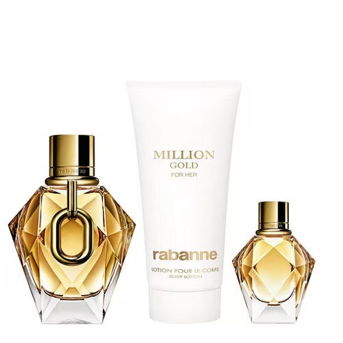 PACO RABANNE MILLION GOLD FOR HER 3 PCS SET FOR WOMEN: 3 OZ EAU DE PARFUM SPRAY + 3.4 BODY LOTION + 0.33 EAU DE PARFUM TRAVEL SPRAY