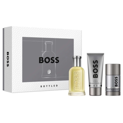 HUGO BOSS BOTTLED 3 PCS SET FOR MEN: 3.3 EAU DE TOILETTE SPRAY + 3.3 SHOWER GEL + 2.4 DEODORANT STICK.