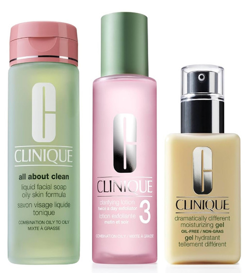 CLINIQUE 3-STEP INTRO KIT FOR SKIN TYPE 3 3 PCS SET: ALL ABOUT CLEAN 1 OZ LIQUID FACIAL SOAP MILD + 2 OZ CLARIFYING LOTION 3 + 1 OZ DRAMATICALLY DIFFERENT MOISTURIZING LOTION