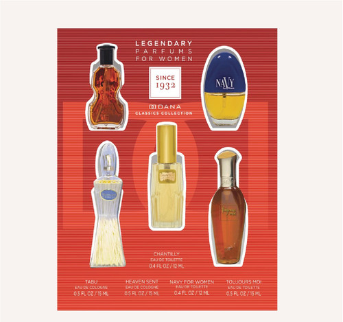 DANA CLASSICS 5 PCS SET FOR WOMEN: TABU 0.5 EAU DE COLOGNE SPRAY + CHANTILLY 0.4 EAU DE TOILETTE SPRAY + NAVY 0.3 EAU DE TOILETTE SPRAY + HEAVEN SENT 0.5 EAU DE COLOGNE SPRAY + TOUJOURS MOI 0.5 EAU DE TOILETTE SPRAY