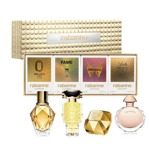 PACO RABANNE 4 * EAU DE PARFUM MINI SET FOR WOMEN: LADY MILLION 5 ML + OLYMPEA 6 ML + FAME 4 ML + MILLION GOLD 5 ML