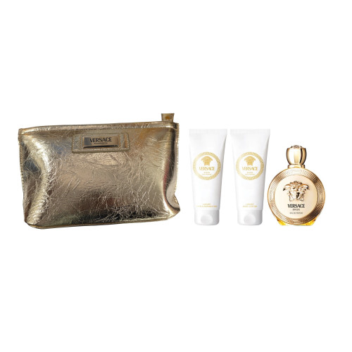 VERSACE EROS 4 PCS SET FOR WOMEN: 3.4 EAU DE PARFUM SPRAY + 3.4 BODY LOTION + 3.4 BATH & SHOWER GEL + POUCH