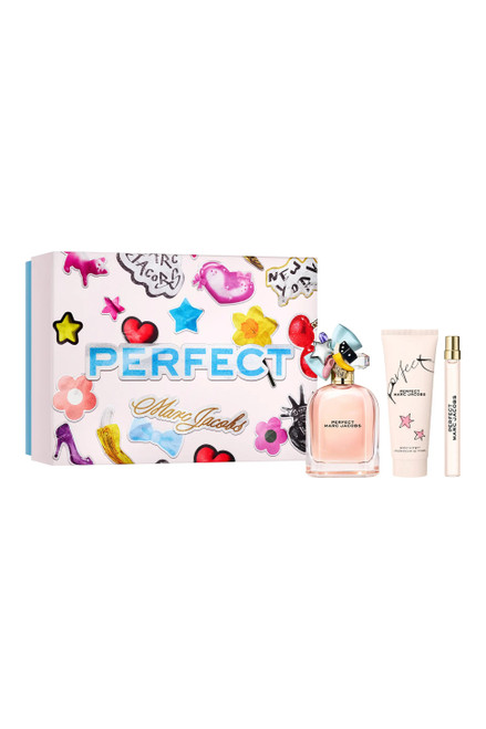 MARC JACOBS PERFECT 3 PCS SET FOR WOMEN: 3.3 EAU DE PARFUM SPRAY + 0.33 EAU DE PARFUM SPRAY + 2.5 BODY LOTION.