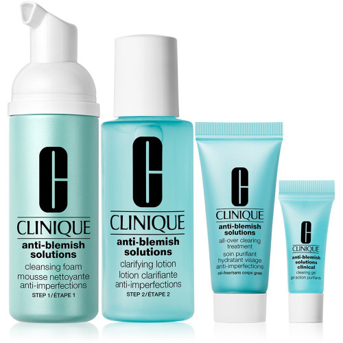 CLINIQUE THREE STEP ANTI-BLEMISH 4 PCS SET: 2 OZ CLEANSING FOAM + 2 OZ CLARIFYING LOTION + 0.5 ALL OVER CLEARING TREATMENT + 0.1 CLINICAL CLEARING GEL
