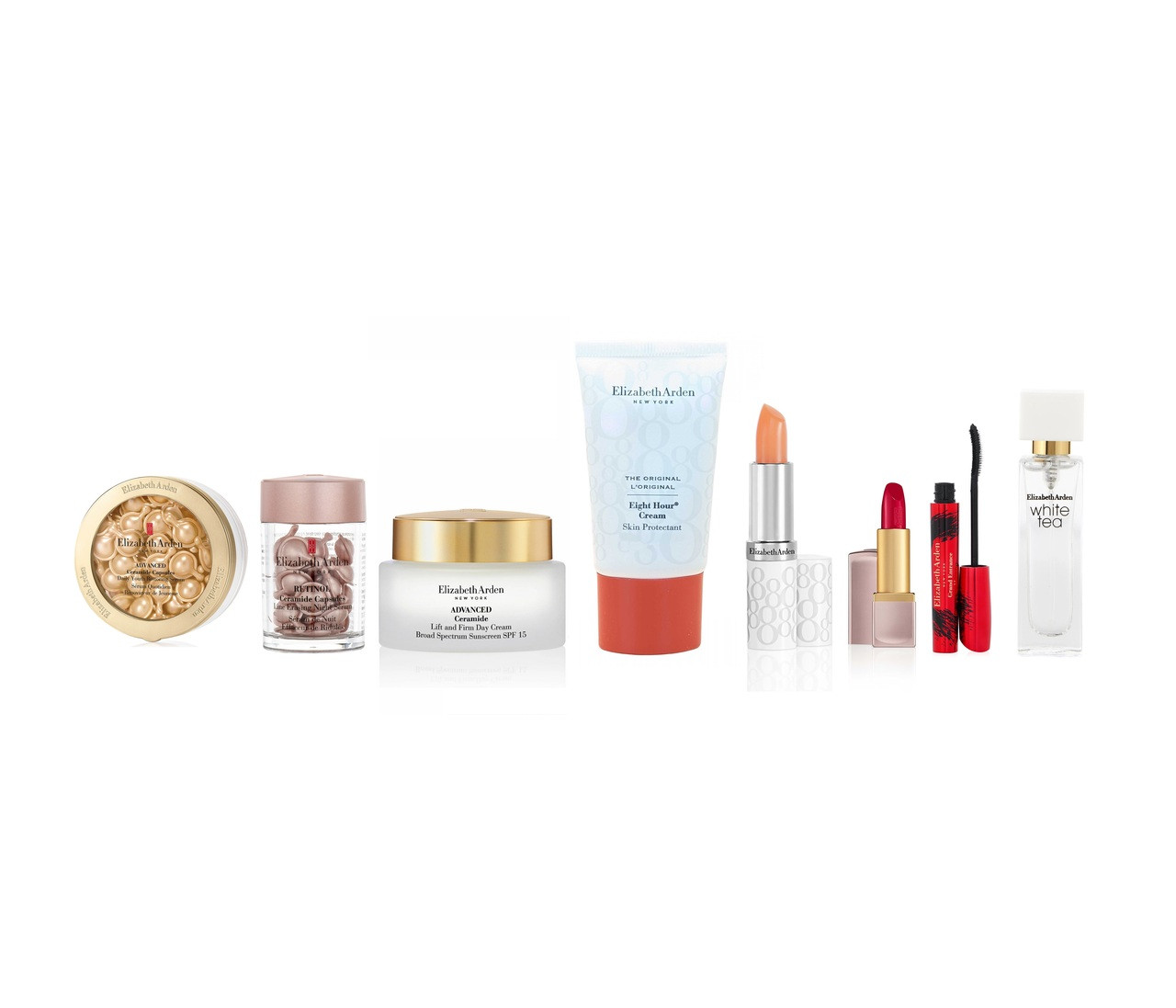 ELIZABETH ARDEN 9 PCS SET: ADVANCED CERAMIDE 60 CAPSULES + RETINOL CERAMIDE 30 CAPSULES + ADVANCED CERAMIDE 1.7 CREAM + 0.5 SKIN CREAM + 0.37 LIP CREAM + 0.14 LIPSTICK RED DOOR 019 + 0.3 MASCARA + WHI