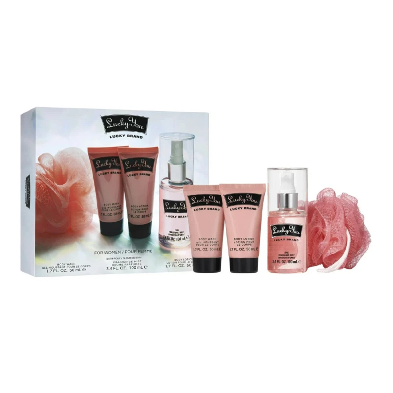 LUCKY YOU 4 PCS SET FOR WOMEN: 3.4 FRAGRANCE MIST + 1.7 BODY LOTION + 1.7 BODY WASH + LOOFAH