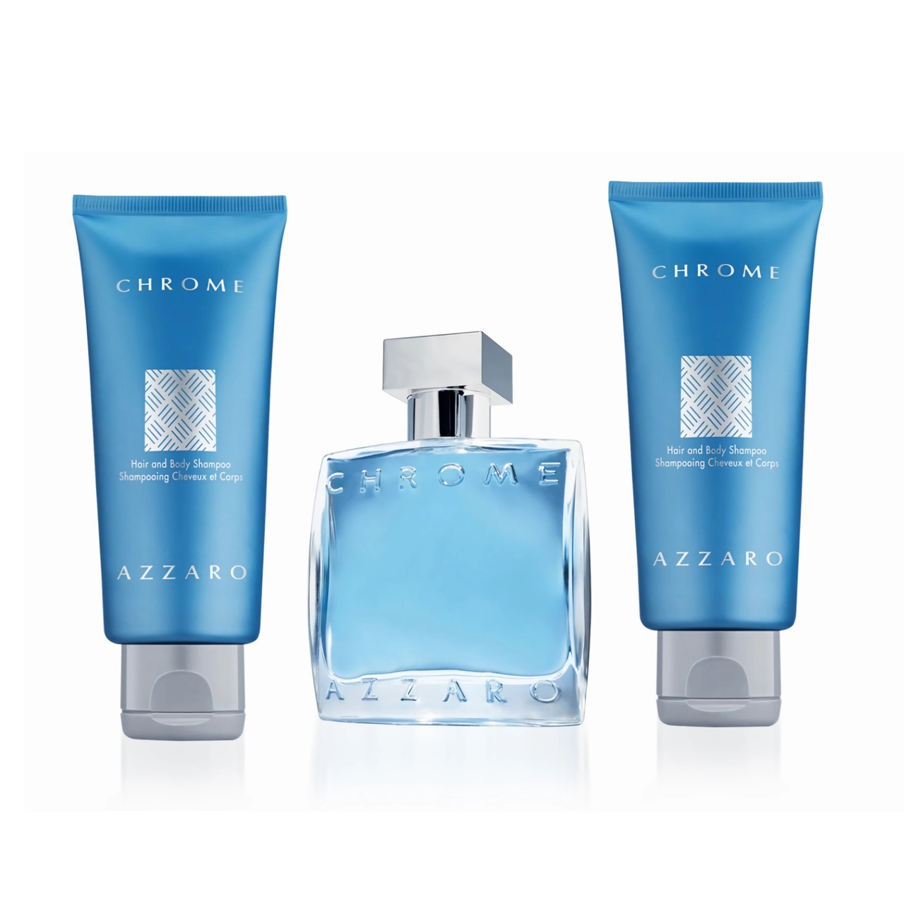 AZZARO CHROME 3 PCS SET FOR MEN: 3.3 EAU DE TOILETTE SPRAY + 2 * 2.5 HAIR AND BODY SHAMPOO
