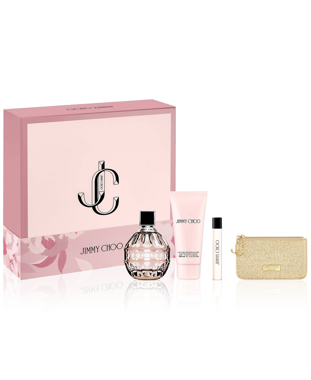 JIMMY CHOO 4 PCS SET FOR WOMEN: 3.3 EAU DE PARFUM SPRAY + 0.25 EAU DE PARFUM SPRAY + 3.3 BODY LOTION + POUCH