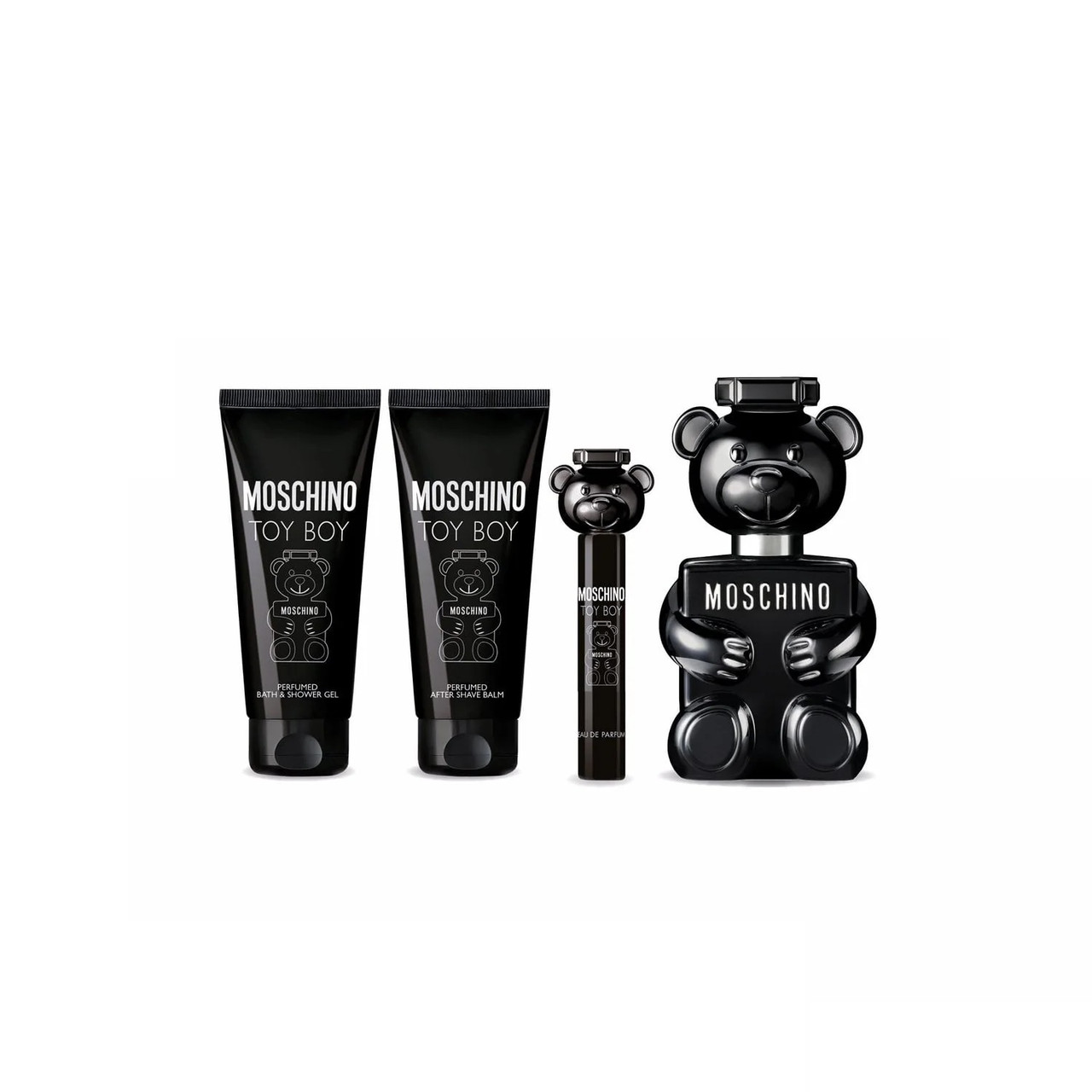 MOSCHINO TOY BOY 2 4 PCS SET: 3.4 EAU DE PARFUM SPRAY + 0.34 EAU DE PARFUM SPRAY + 3.4 AFTER SHAVE BALM + 3.4 BATH & SHOWER GEL