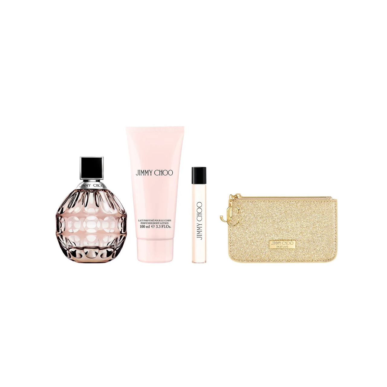 JIMMY CHOO 4 PCS SET FOR WOMEN: 3.3 EAU DE PARFUM SPRAY + 0.25 EAU DE PARFUM SPRAY + 3.3 BODY LOTION + POUCH.