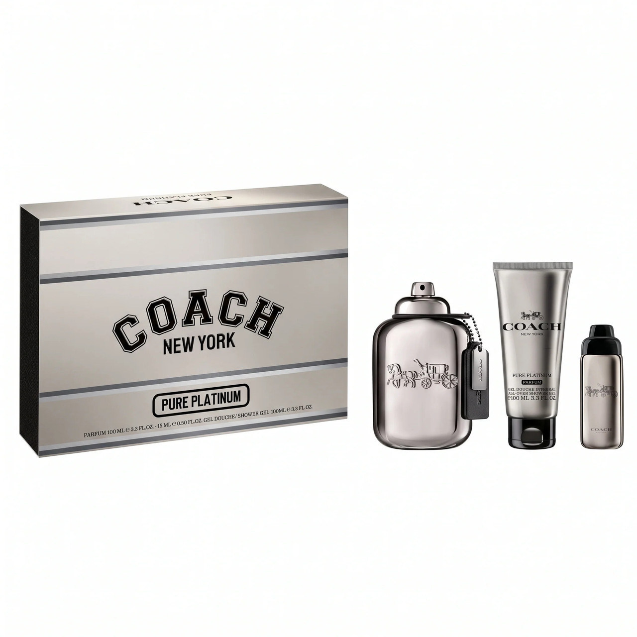 COACH PURE PLATINUM 3 PCS SET FOR MEN: 3.3 PARFUM SPRAY + 0.5 PARFUM SPRAY + 3.3 SHOWER GEL
