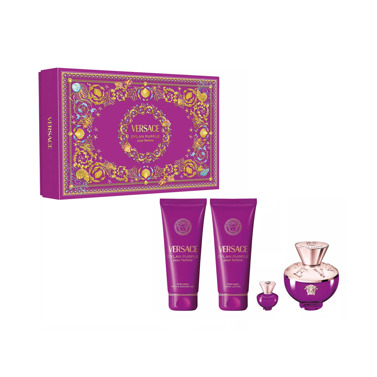 VERSACE DYLAN PURPLE 4 PCS SET FOR WOMEN: 3.4 EAU DE PARFUM SPRAY + 0.17 OZ EAU DE PARFUM + 3.4 PERFUMED BATH & SHOWER GEL + 3.4 PERFUMED BODY LOTION
