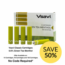 Vsavi Classic Cartridges (5-Pack Bundles) Green Tea Menthol and Packaging on White Background