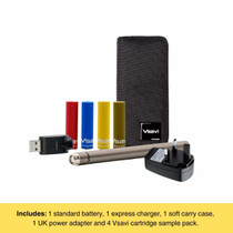Vsavi discover starter kit bundle with sample cartridges, carry case, express charger and adapter on a white background