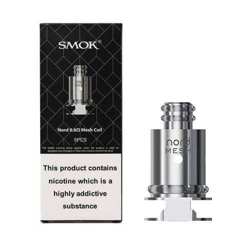 Smok Nord Replacement coil 0.6 Ohm Mesh DTL with coil and 5 Pack packaging on a white background