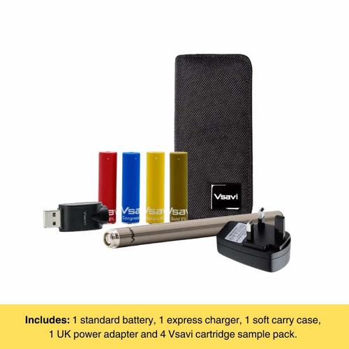Vsavi discover starter kit bundle with sample cartridges, carry case, express charger and adapter on a white background