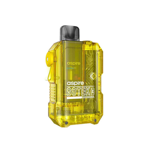 Aspire Gotek X kit translucent yellow pod vape kit with a white background.